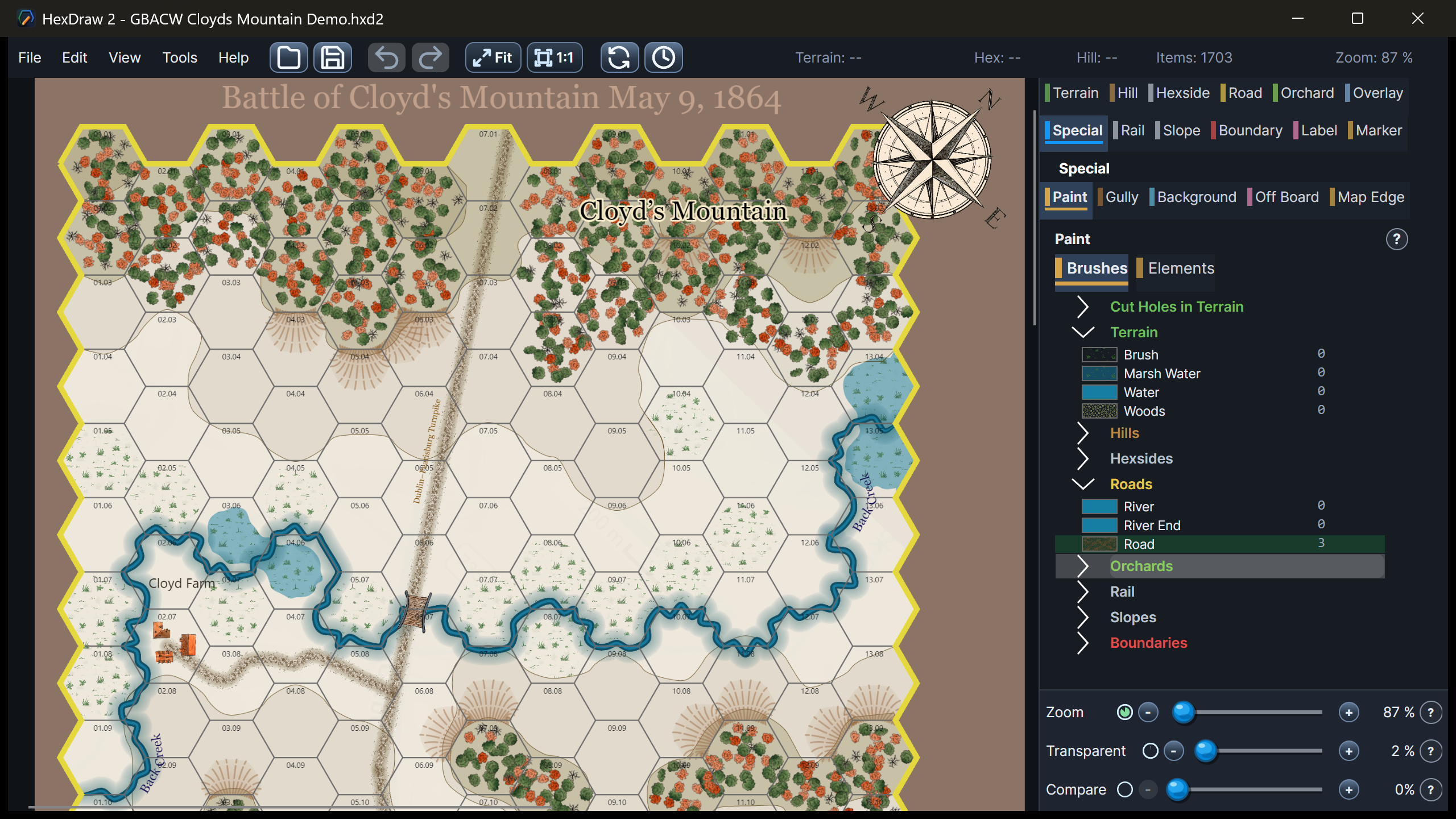 HexDraw 2 Vector Paint tool drawing long roads across the Cloyd's Mountain demo map